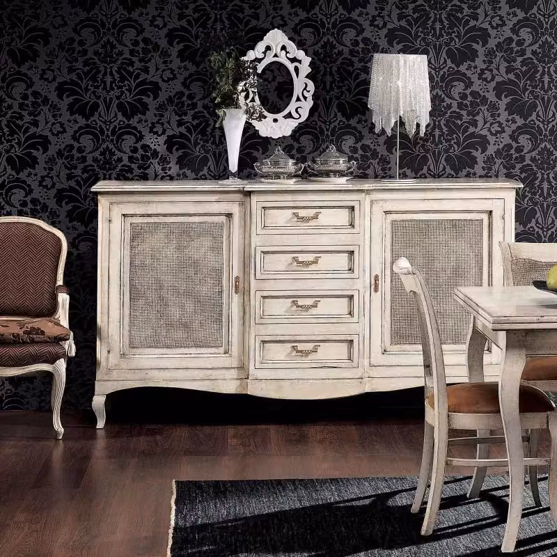Madia Shabby Chic Mobili 2G con 2 porte, 4 cassetti e paglia di Vienna, colore bianco, L: 200 cm, P: 52 cm, H: 113 cm – 2