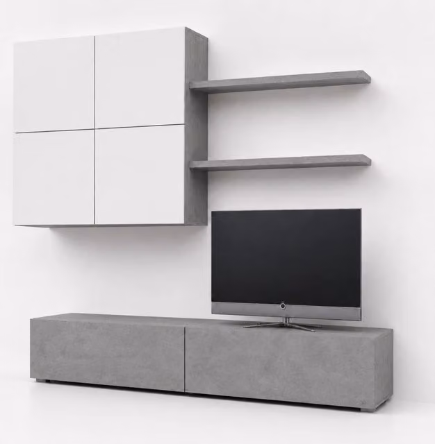 Parete Attrezzata Mobile Soggiorno Moderno Con Base TV 2 Ante Pensile 4 Ante e 2 Mensole Design Contemporaneo in Melaminico Facile da Pulire 200 x 194 x 40 cm Bianco e Grigio Cemento