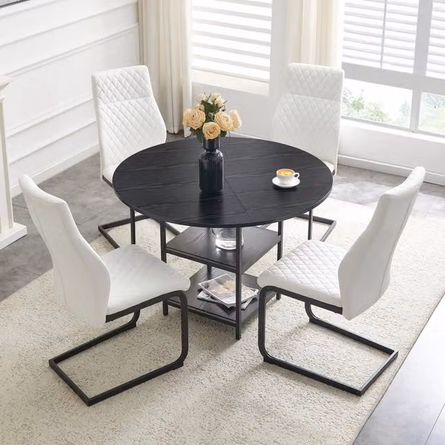 Set tavolo e sedie con tavolo rotondo e 4 sedie da pranzo, ripiani portaoggetti, in MDF, metallo e PU nero e bianco