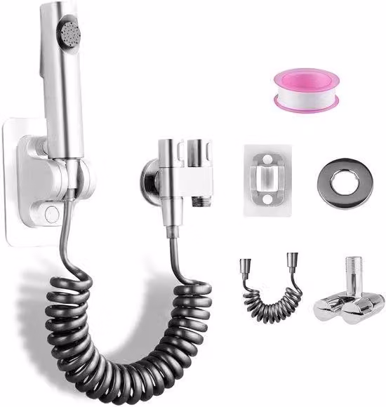 Set completo Unyqoos® per bidet con doccetta – include: spruzzatore, supporto a parete regolabile, tubo flessibile da 2 metri, valvola angolare 1 ingresso/2 uscite, acciaio inossidabile 304 e ABS