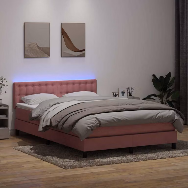 Letto a molle con materasso vidaXL in velluto rosa con illuminazione LED e porta USB, L/P/H: 144 x 213 x 88 cm