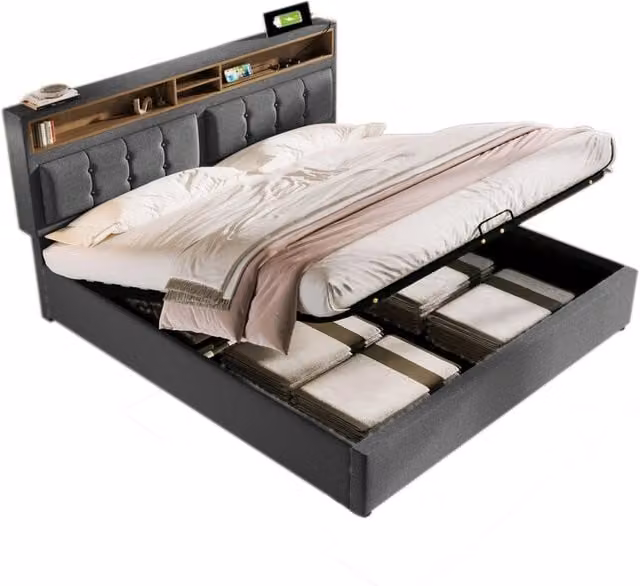 Letto Contenitore Matrimoniale Moderno con USB e Tipo C, Testiera Regolabile e Ripiano Laterale, Grigio, L/P/H: 140 x 200 x 104 cm