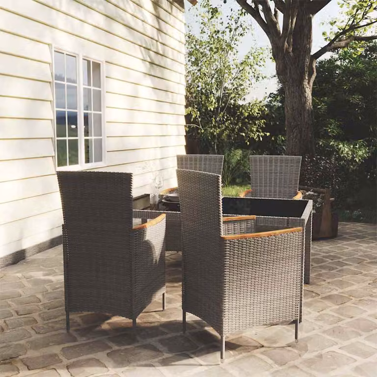 Set da pranzo da esterno vidaXL in polyrattan grigio e nero con tavolo rettangolare in vetro e accacia, 5 pezzi