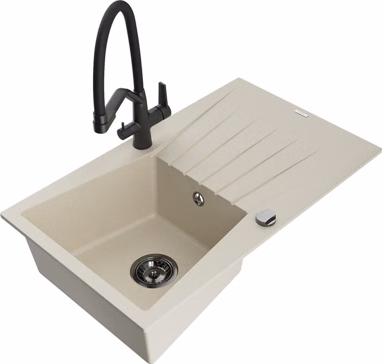 Mexen Cesar lavello in granito 1-vasca con scolapiatti e rubinetto cucina Duo, beige - 6514-69-671701-70-B