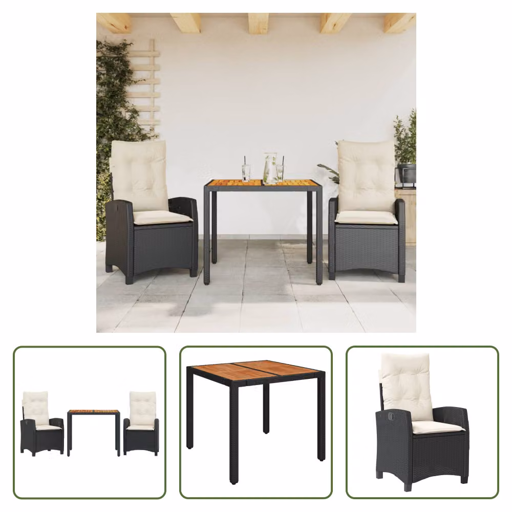 The Living Store Set da pranzo da giardino in 3 pezzi con cuscini in poly rattan nero