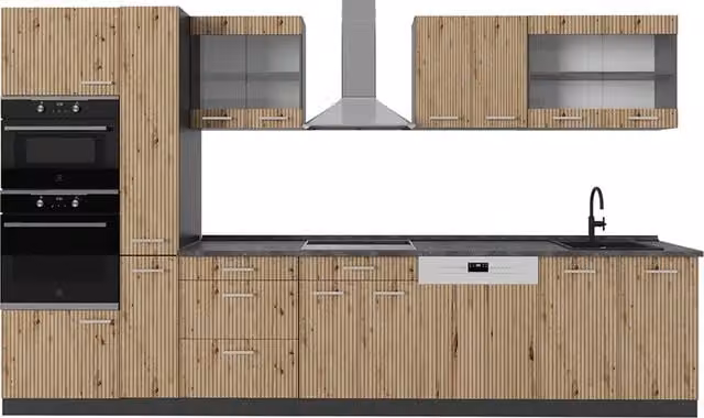 Cucina moderna Vicco R-Line in rovere e antracite con armadio alto, L: 350 cm