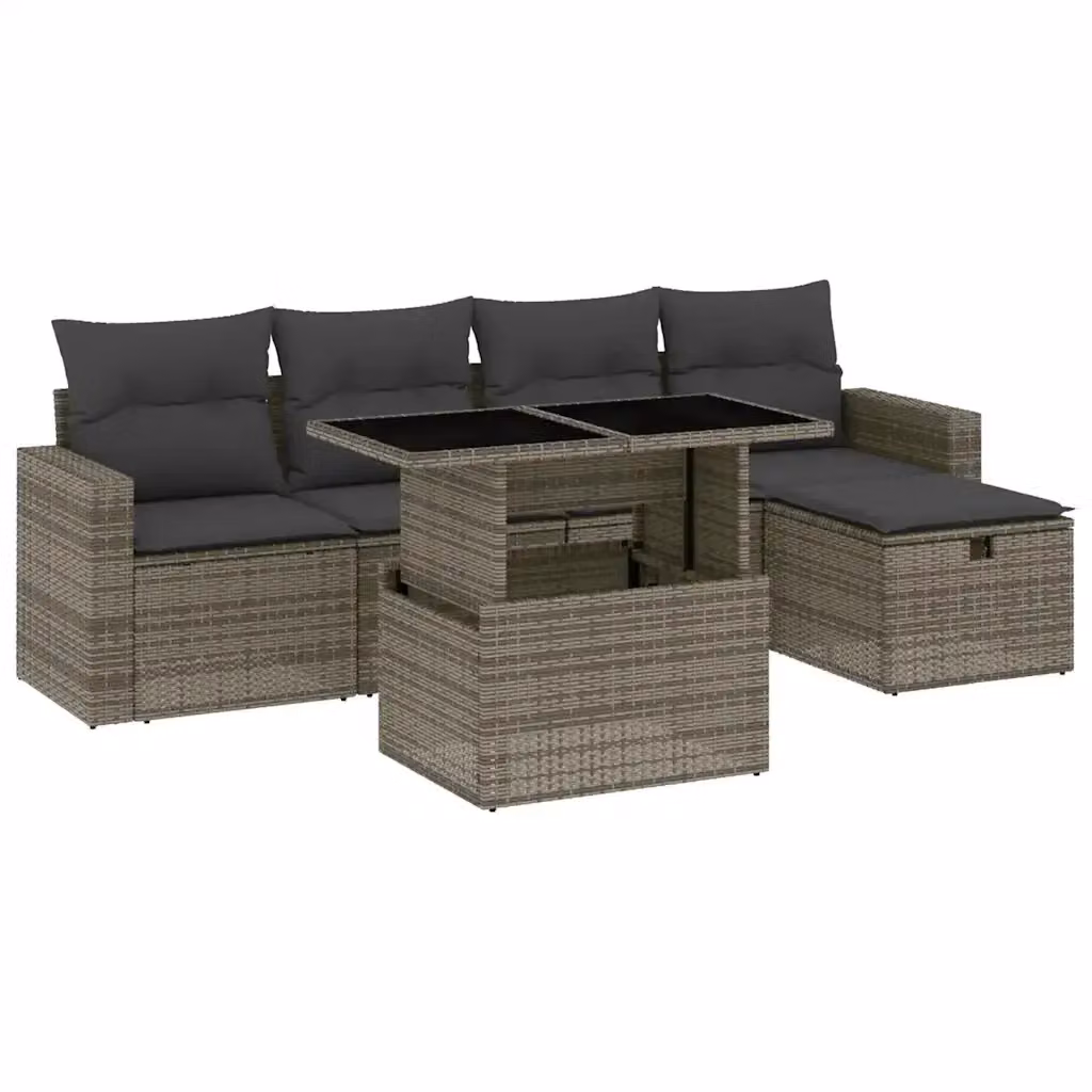 vidaXL Set Divano da Giardino a L in Polyrattan Grigio con 6 Pezzi e Cuscini Imbottiti – 2
