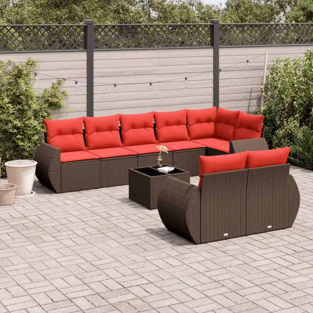 Maison Exclusive - Set divano da giardino 9 pezzi con cuscini, marrone, polyrattan