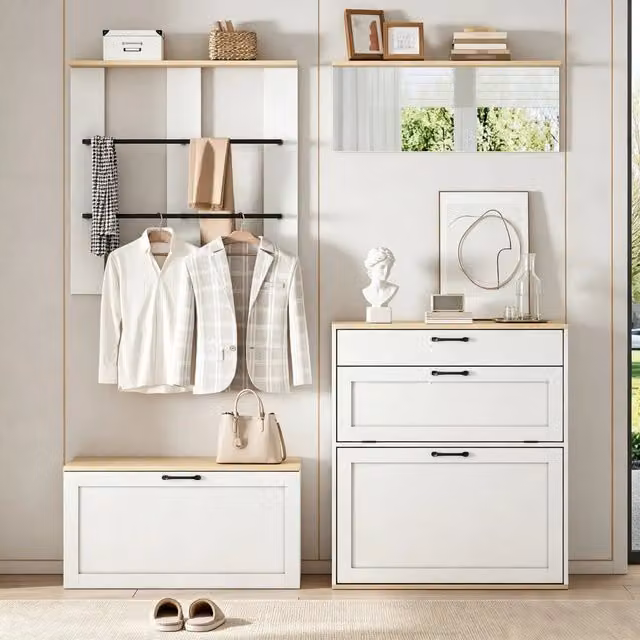Set da ingresso componibile con scarpiera a ribalta; panca; doppia asta; specchio e cassetti; MDF; bianco e legno; 156x36x176 cm
