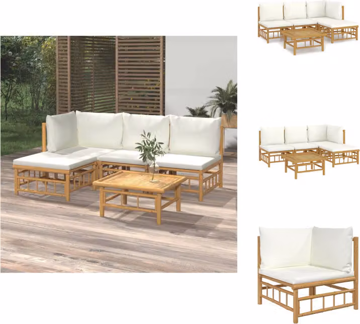 vidaXL Set di 5 pezzi per salotto da giardino con cuscini in bambù bianco crema - Set di mobili da giardino