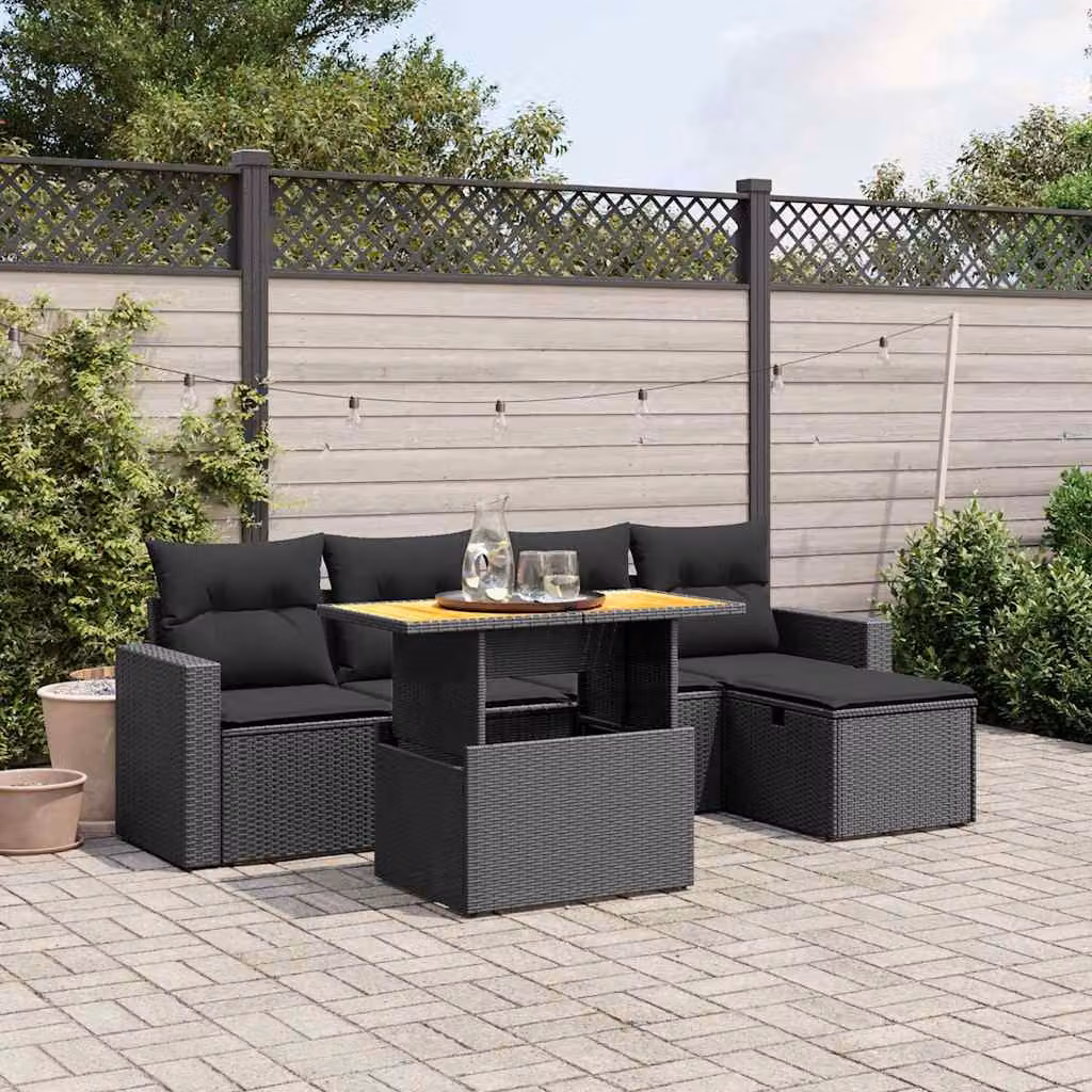 vidaXL Set Divano da Giardino a L in Polyrattan Nero con Cuscini e Tavolino da Esterno – 1