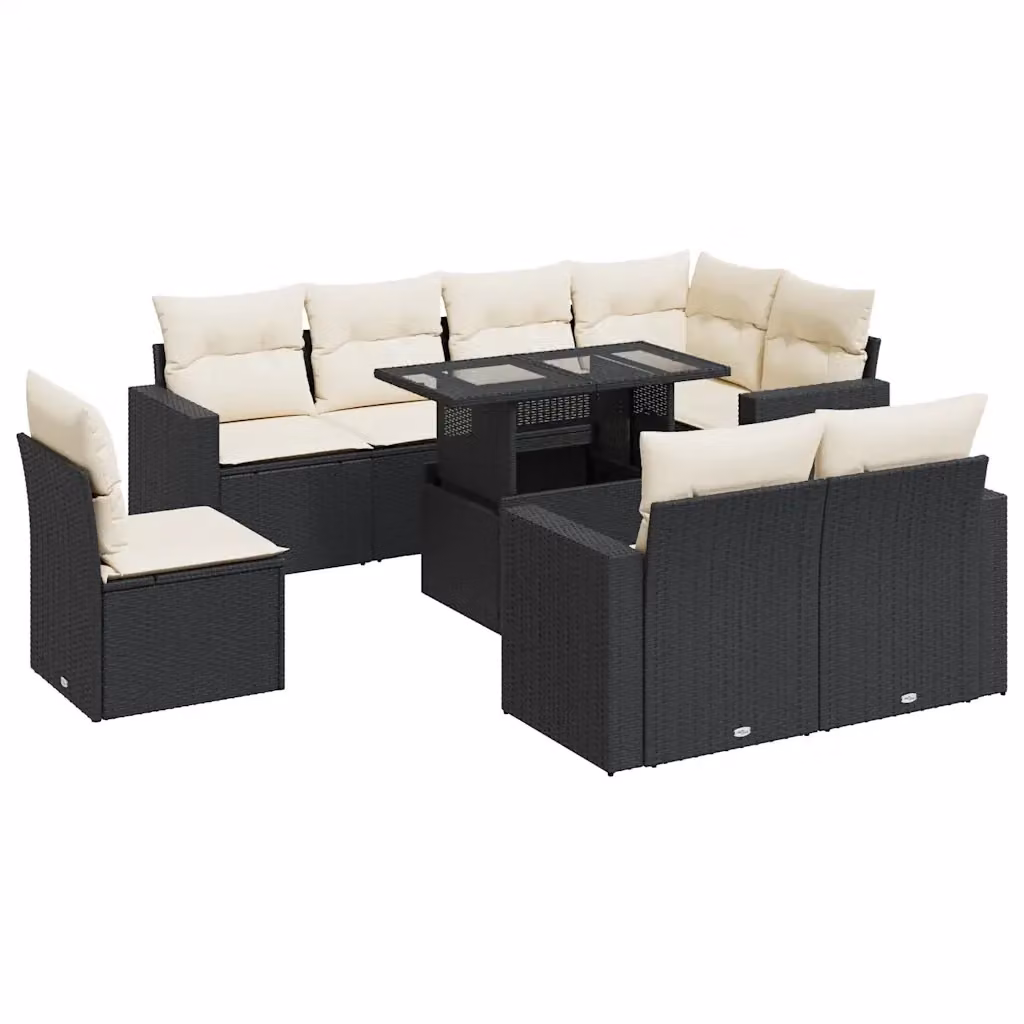 Set di Divani da Giardino vidaXL 9 Pezzi in Polyrattan Nero con Cuscini e Tavolino da Esterno – 2