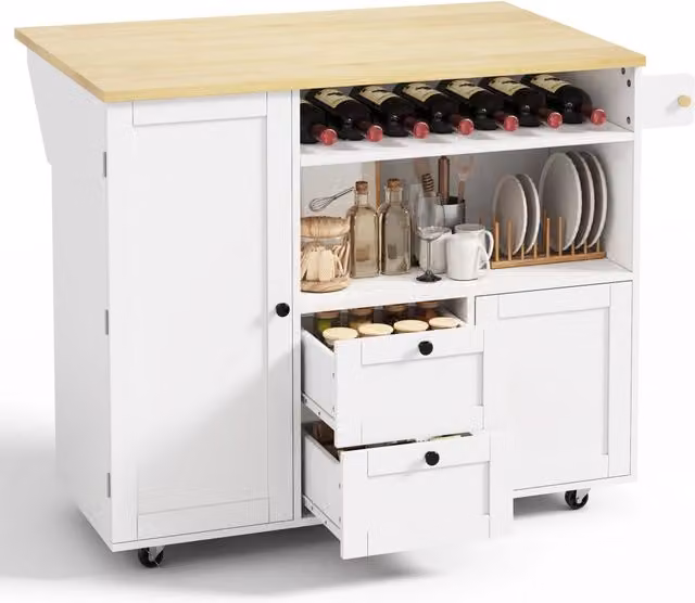 Isola cucina mobile con piano ribaltabile in MDF bianco e naturale; portabottiglie e ruote; 104 x 45/69 x 89 cm