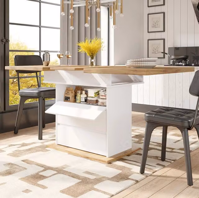 Tavolo da pranzo allungabile 110-140x80x75 cm con vano contenitore; MDF; bianco e naturale