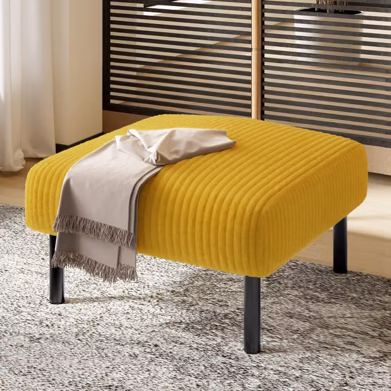 Pouf STILVORA in tessuto di velluto a coste, pouf con struttura in metallo utilizzabile come tavolino, montaggio senza attrezzi, giallo