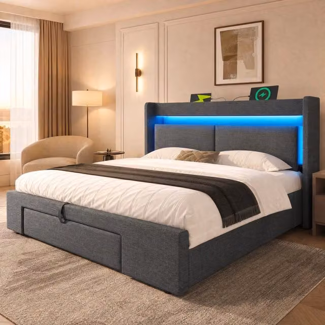 Letto matrimoniale imbottito 160 × 200 cm con contenitore idraulico testiera LED USB e USB-C in lino grigio