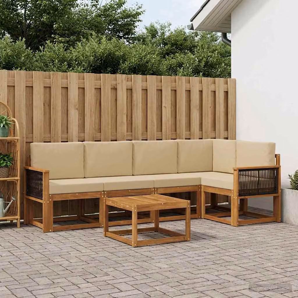 Set di divani da esterno vidaXL in legno di acacia con cuscini, colore beige e sabbia, composto da 6 pezzi con configurazione a L e tavolino da caffè