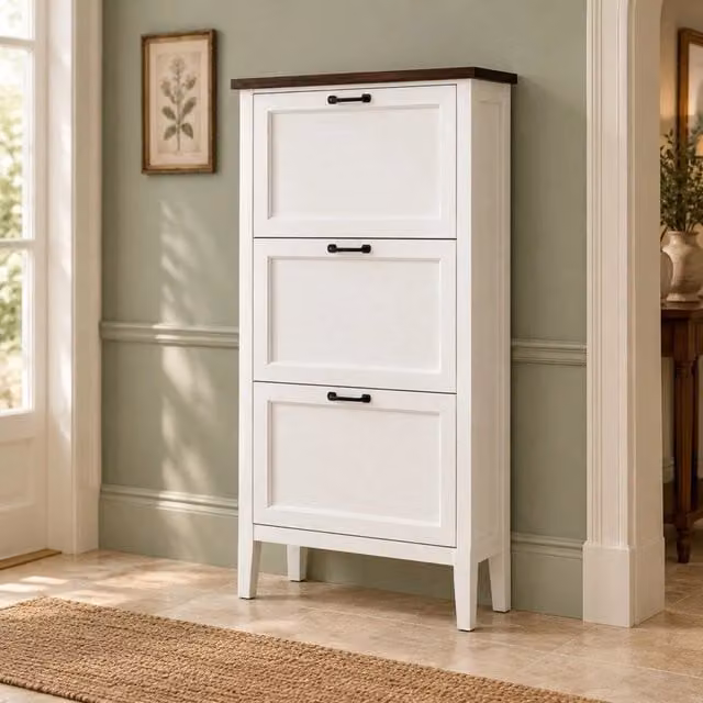 Scarpiera 60x26.5x133.7 cm con 3 ante a ribalta in MDF bianco