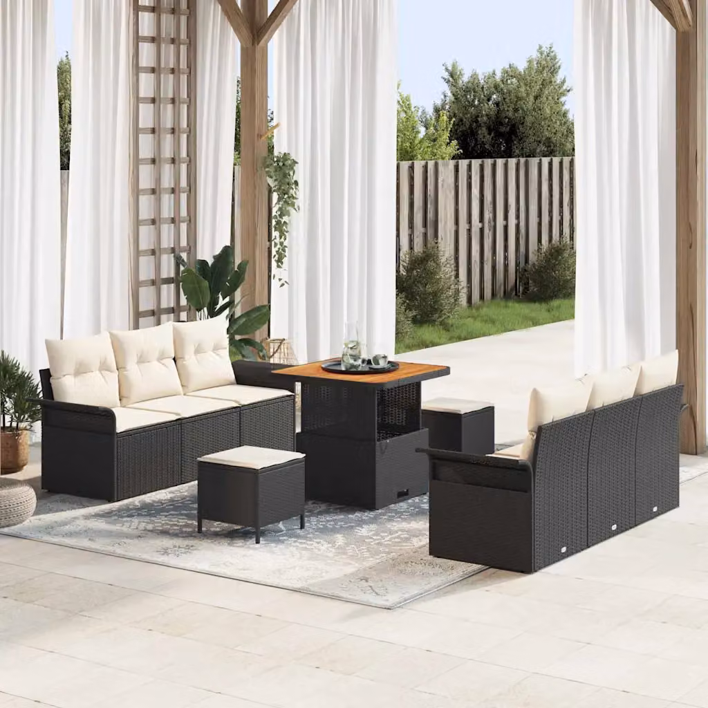 Set Divano da Giardino vidaXL in Polyrattan Nero con Cuscini e Tavolino da 9 Pezzi – 1