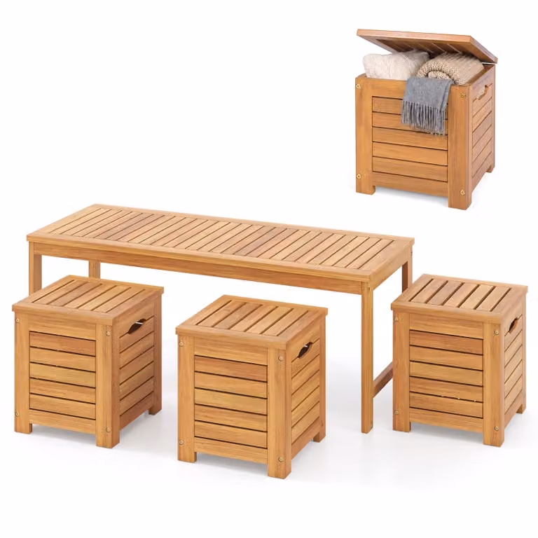 Panchina da giardino in legno COSTWAY con 3 contenitori, panchina in legno resistente alle intemperie, panchina da balcone a 2 posti, panchina per giardino, balcone, terrazza, 115 x 45 x 46 cm
