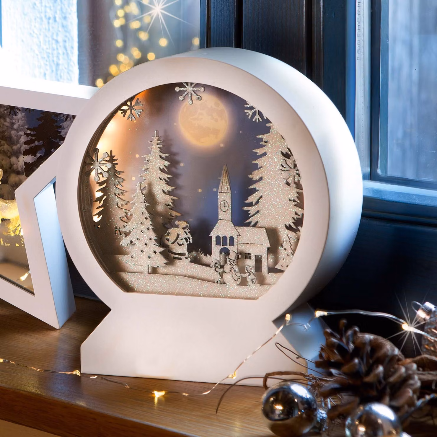 Quadro decorativo a LED Scena invernale Villaggio illuminato Natale Inverno Batteria 18 LED bianco caldo