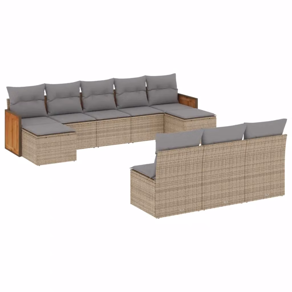 vidaXL Set Divano da Giardino a Forma di U in Polyrattan e Legno di Acacia con Cuscini Beige e Grigio – 2