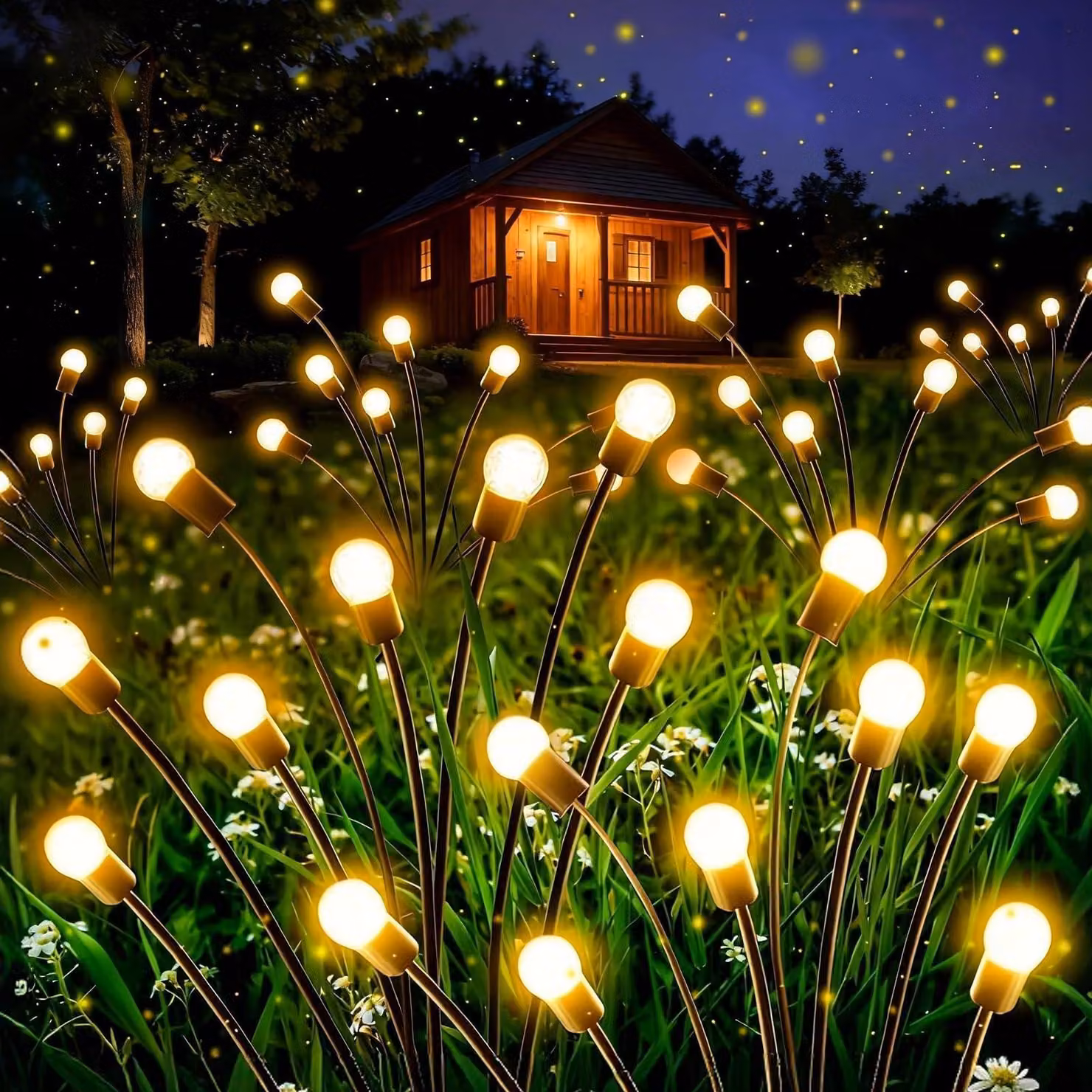 Lampade a energia solare a forma di lucciole, set da 4, 32 LED, grado di protezione IP65, luce bianco caldo