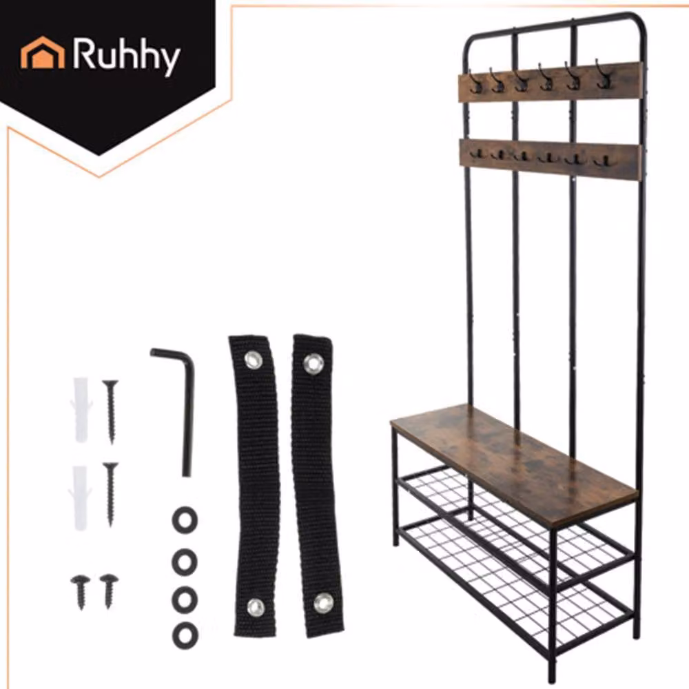 Appendiabiti da ingresso con panchina e ripiani per scarpe, 182 x 100 x 35,5 cm, colore nero