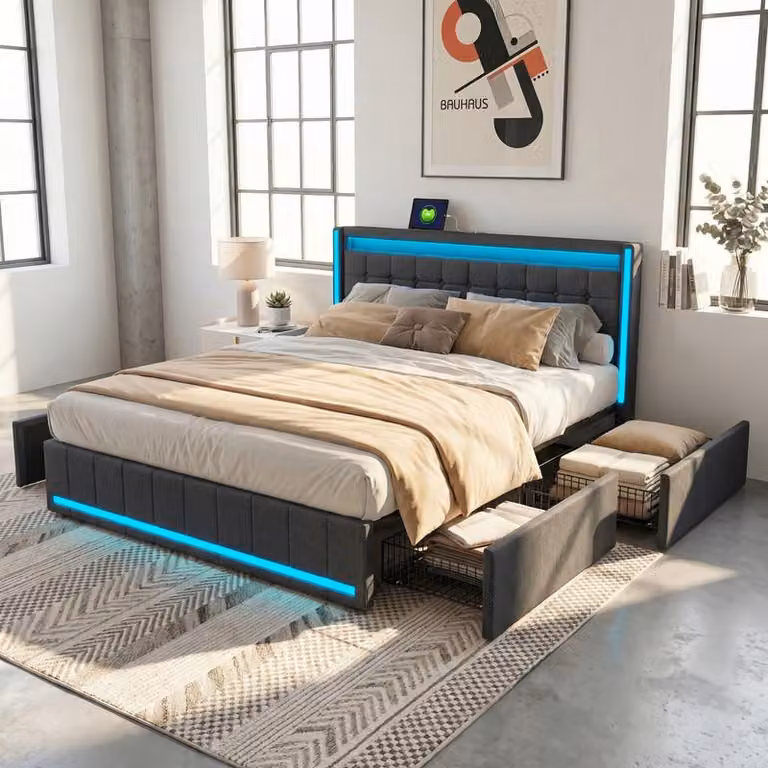 ProximaX: letto imbottito moderno 160x200 cm grigio scuro, con LED RGB, 4 cassetti, porta USB e porta Type-C