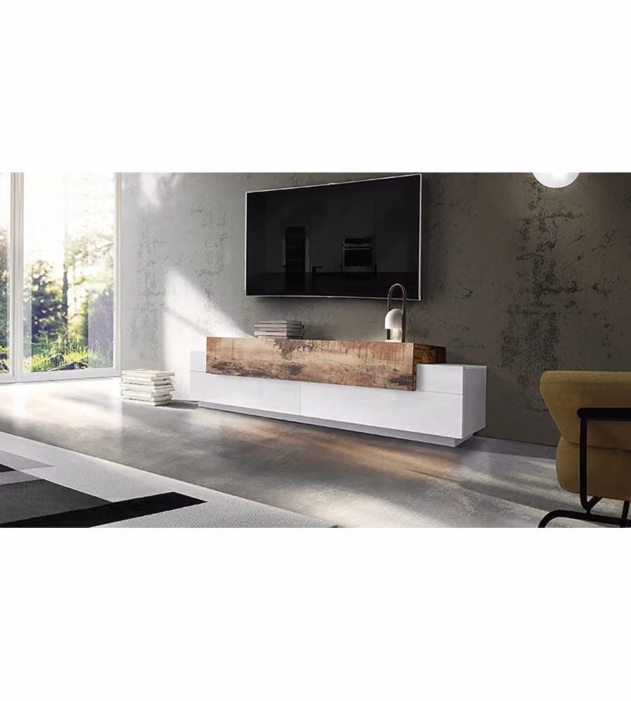 Porta Tv Corona Moderno 200 Bianco Lucido E Acero Pereira