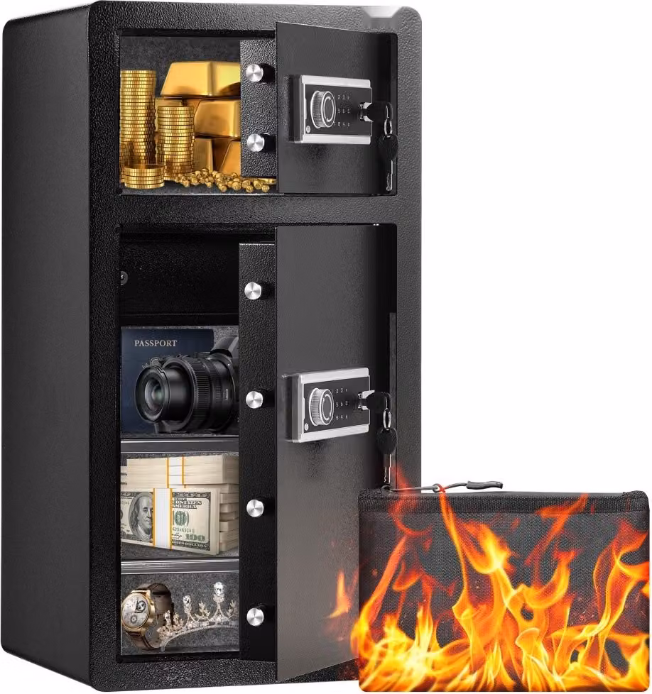 Cassaforte per mobili con serratura a chiave e password - Sistema di allarme, divisorio e luce LED - Montaggio a parete - 43x39x83 cm Nero