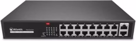 Atlantis switch gigabit poe a02-g18p16-200w 18 porte di cui 2 gigabit 16 poe 10/100mbps sino a 185w (200w tot) incl kit rack-19