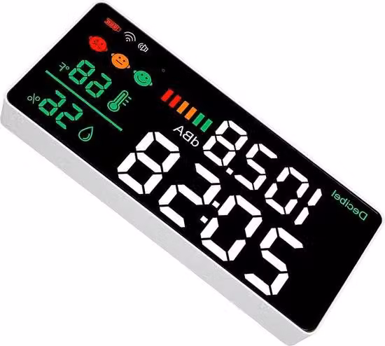 Misuratore di rumore con display touch da 11 pollici, monitoraggio di temperatura e umidità, 30-130 dB, Wi-Fi a 2,4 GHz, aule scolastiche.