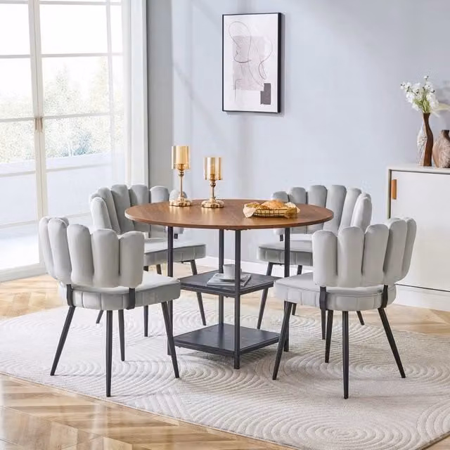 Set tavolo e 4 sedie da sala da pranzo con ripiani, per 4 persone, in MDF e metallo, noce e grigio chiaro