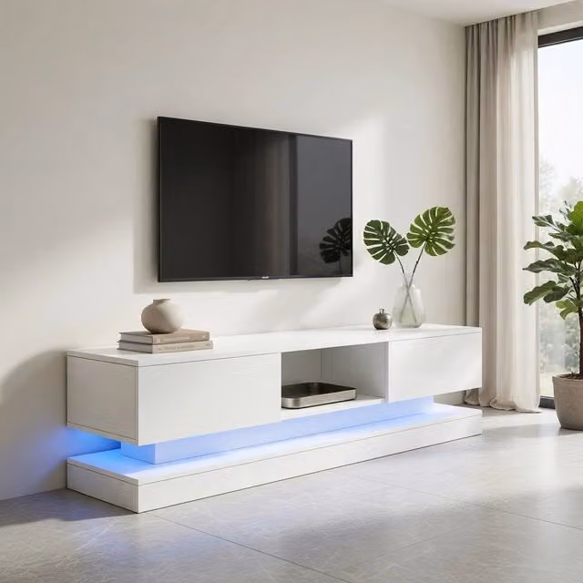 Cassettiera per TV KOMHTOM bianca lucida con illuminazione integrata, L: 160 cm, P: 35 cm, H: 40,5 cm