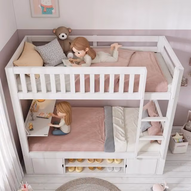 Letto a castello per bambini 90 × 200 cm con tavolo pieghevole, scarpiera e armadi, senza materasso