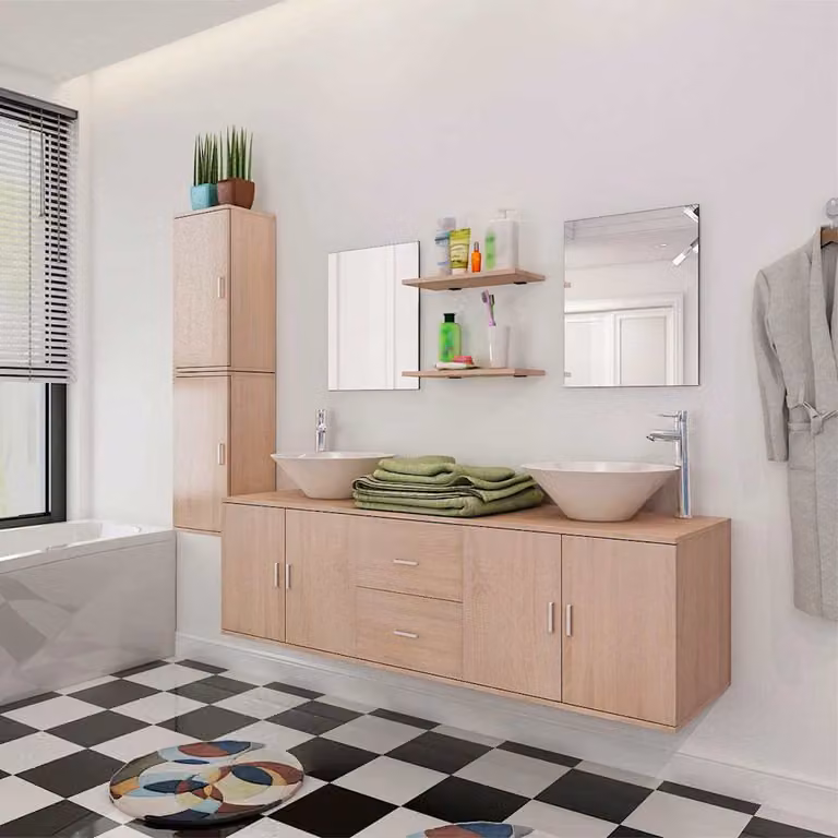 Set di mobili da bagno moderno vidaXL composto da 11 pezzi con pensile e mobile lavabo in beige, bianco e argento