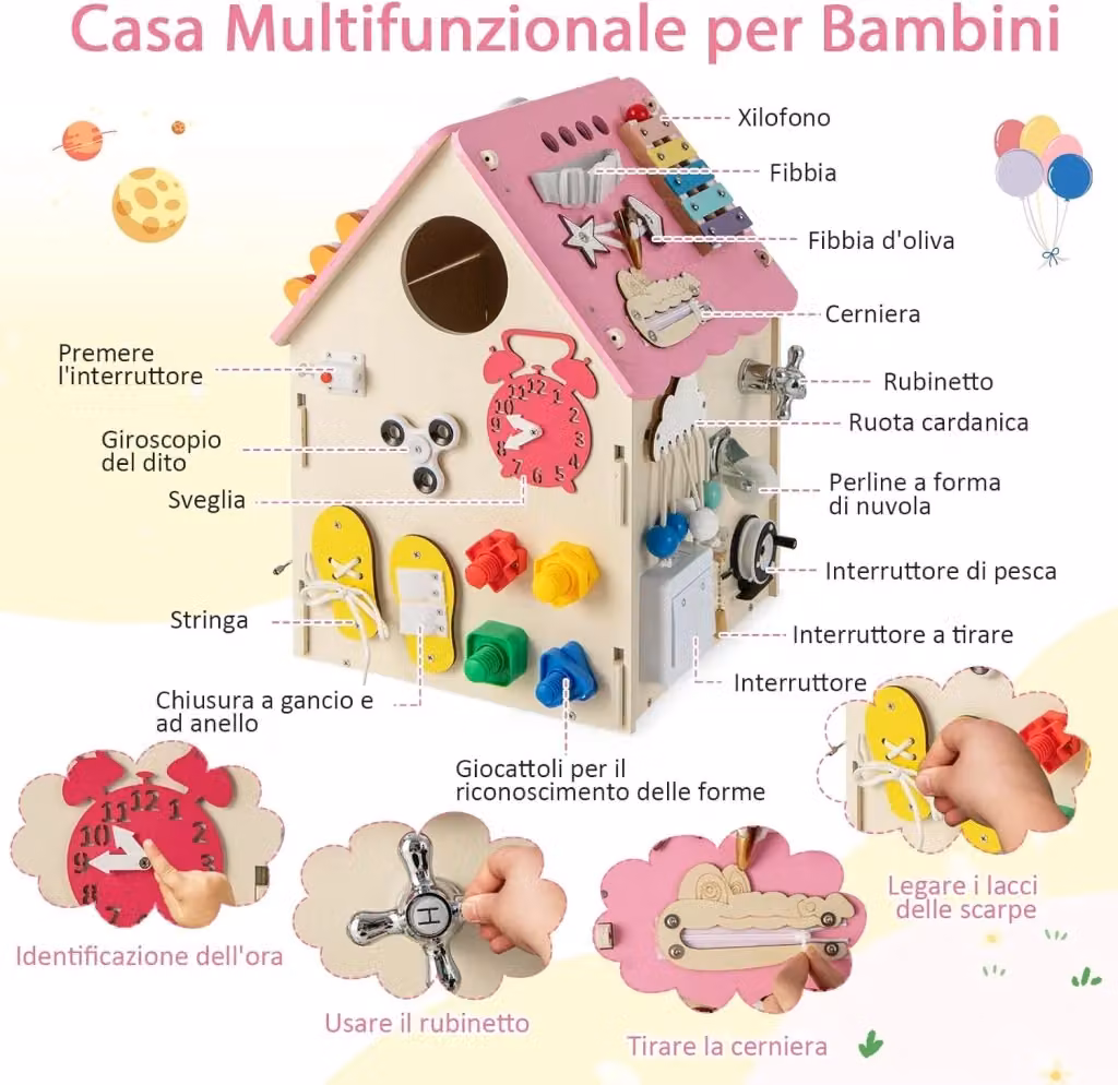 Casa da Gioco Montessori Costway con Giochi Sensoriali e Motori per Bambini, Giocattolo Educativo in Legno e Metallo, Rosa o Blu – 2
