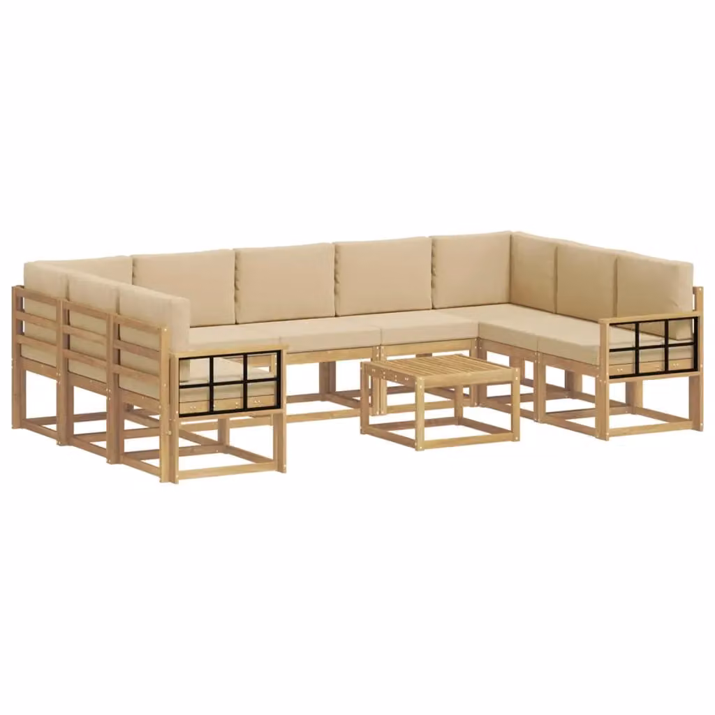 Set di divani da esterno a forma di U vidaXL in legno di acacia con cuscini, Bianco e Beige – 2
