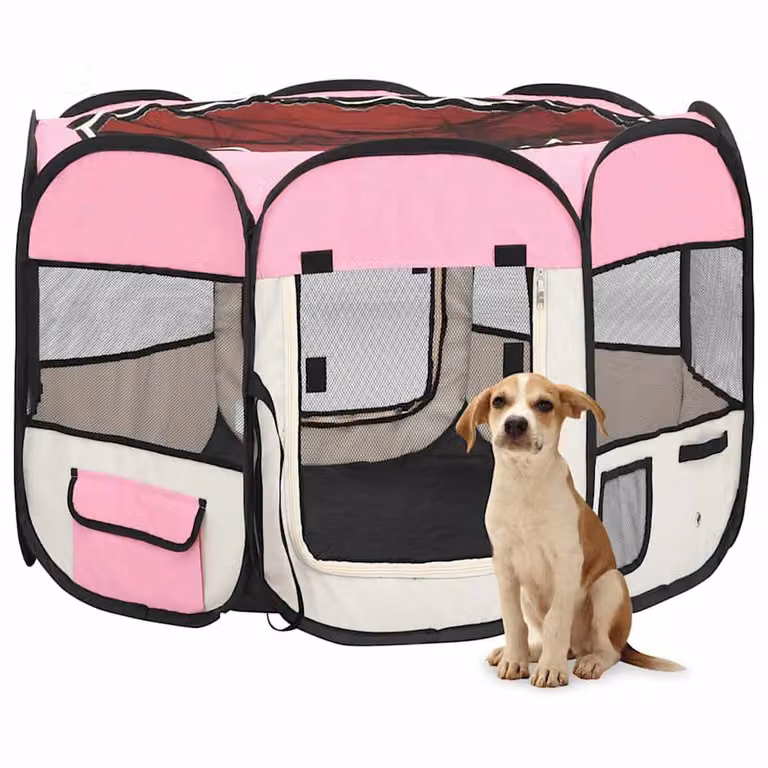 vidaXL Box per Cani Pieghevole con Borsa per il Trasporto, Rosa, L/P/H: 90 x 90 x 58 cm