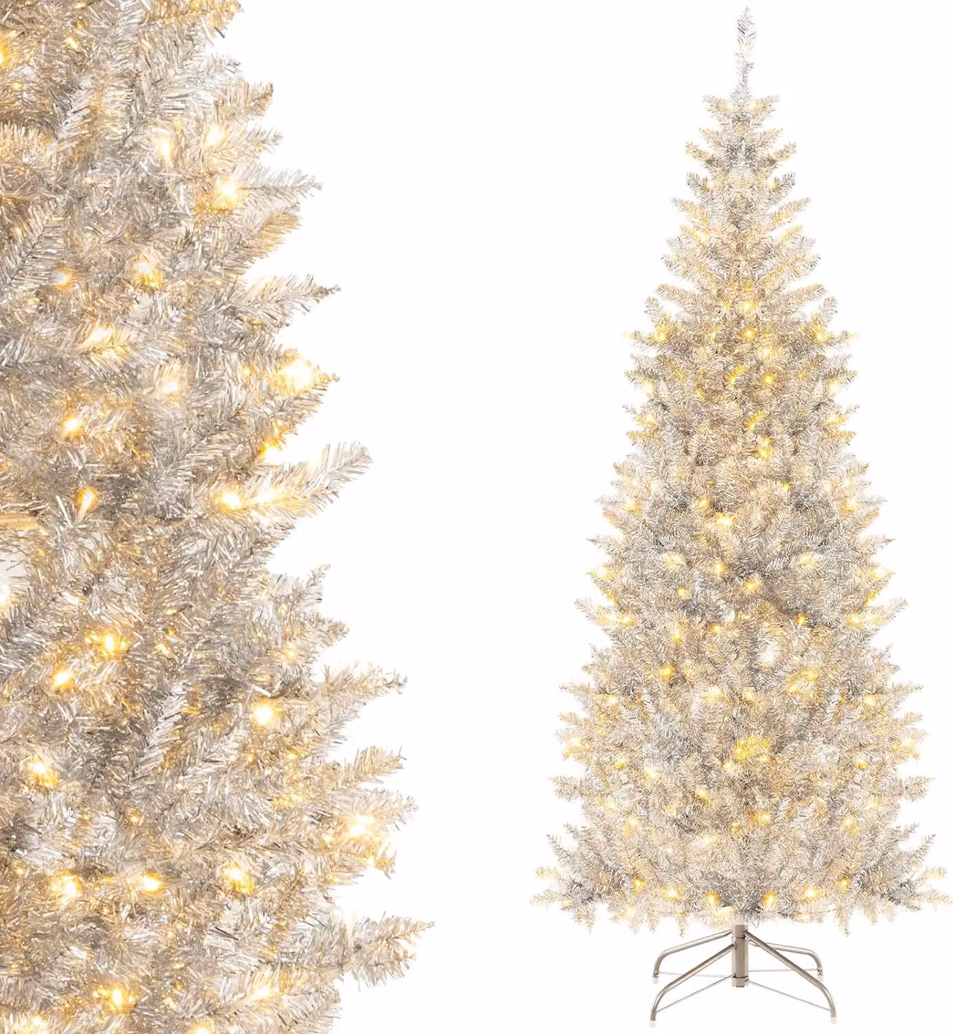 COSTWAY 180 cm matita albero di Natale tinsel, albero di Natale artificiale con luci LED bianco caldo e stand in metallo, albero di Natale sottile PVC, albero artificiale Natale ufficio casa negozi, argento