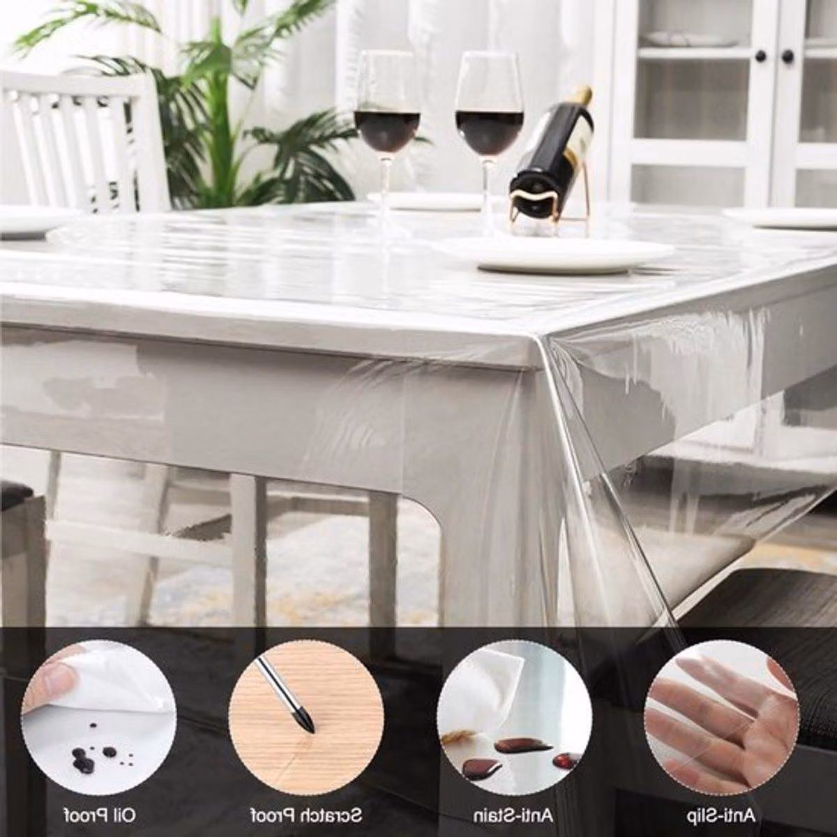 Tovaglia trasparente e resistente realizzata in PVC, ideale per proteggere tavoli da giardino e per esterni, lavabile e durevole, perfetta per mobili e per eventi