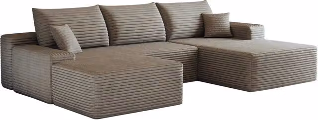 Divano modulare angolare 270 cm con chaise longue a L, imbottitura in schiuma ad alta elasticità, rivestimento in velluto a coste, colore cammello