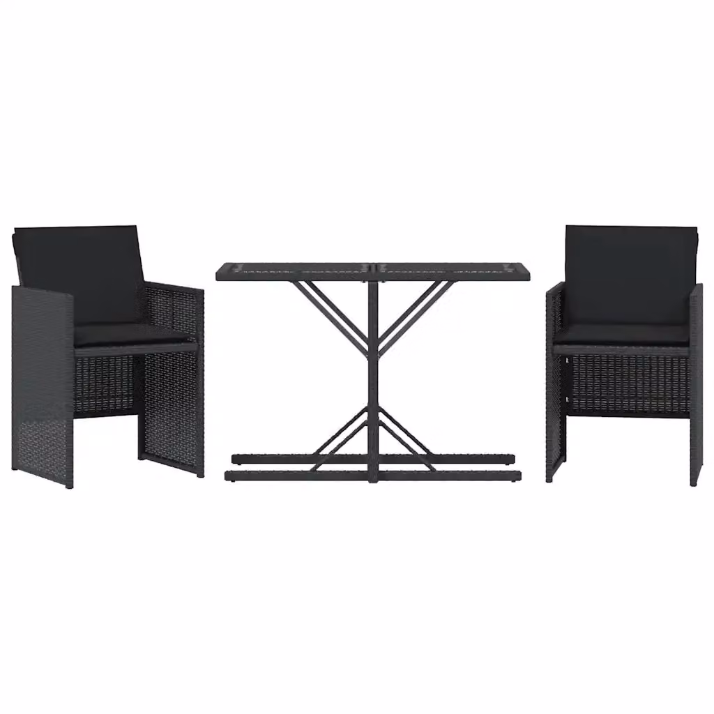 Set da Bistrò vidaXL in Polyrattan Nero con Piano in Vetro e 3 Cuscini – 2