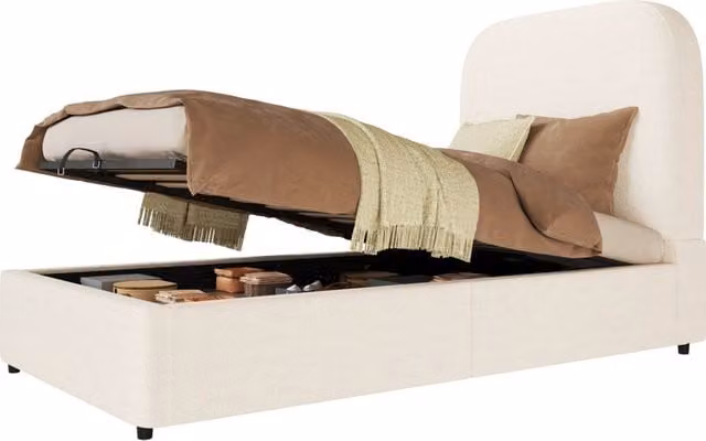 Letto singolo per bambini con contenitore idraulico e testiera imbottita in bouclé beige, L/P/H: 90 x 200 cm