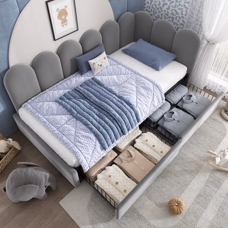 okwish Letto imbottito per bambini 90x190 con 2 cassetti, letto singolo, divano letto con contenitore, rete a doghe, grigio (senza materasso)