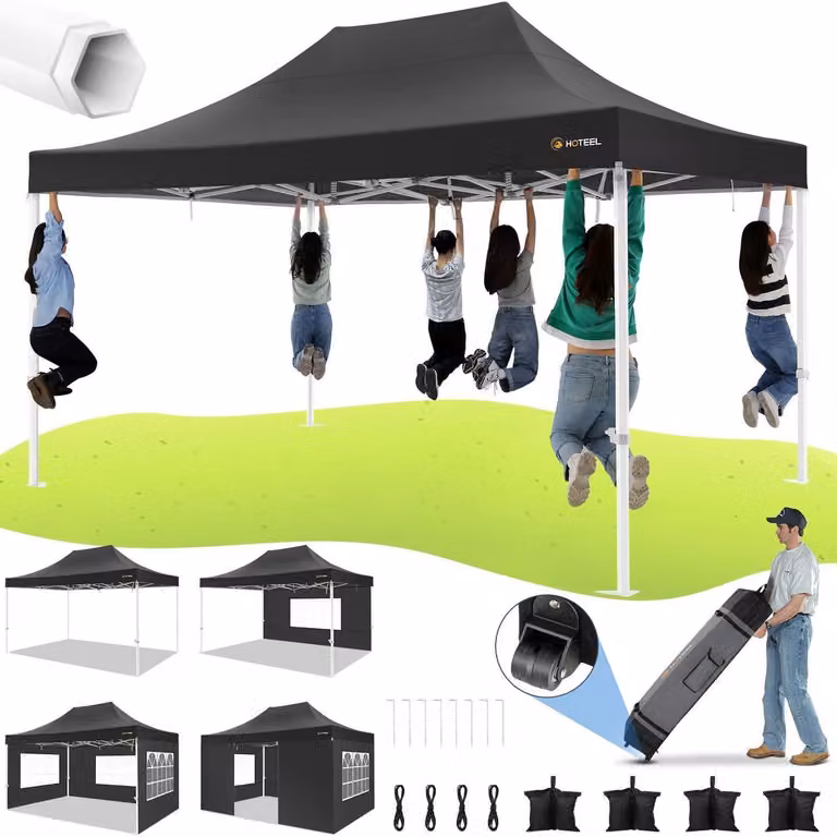 Tenda da giardino 3x4,5 metri, impermeabile, stabile, con 4 pannelli laterali, ideale per feste, colore nero, con borsa per il trasporto