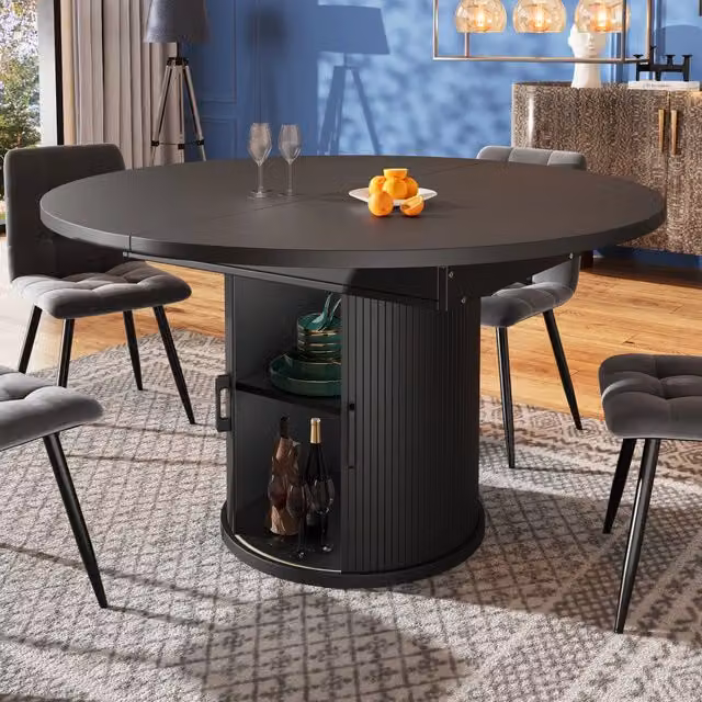 Tavolo da pranzo rotondo allungabile WISHDOR nero in MDF con vano contenitore, Diametro: 118-158 cm, Altezza: 75 cm