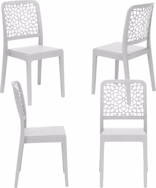 Set 4 sedie in polipropilene TICHE, 100% MADE IN ITALY, impilabile, idrorepellente, resistenza raggi UV, design moderno floreale per sala da pranzo, cucina, bar, ristoranti, esterno, colore Bianco