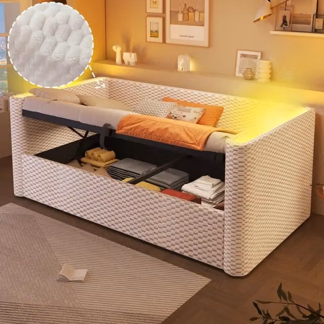 Divano letto 90x200 in velluto beige con contenitore idraulico e luci LED